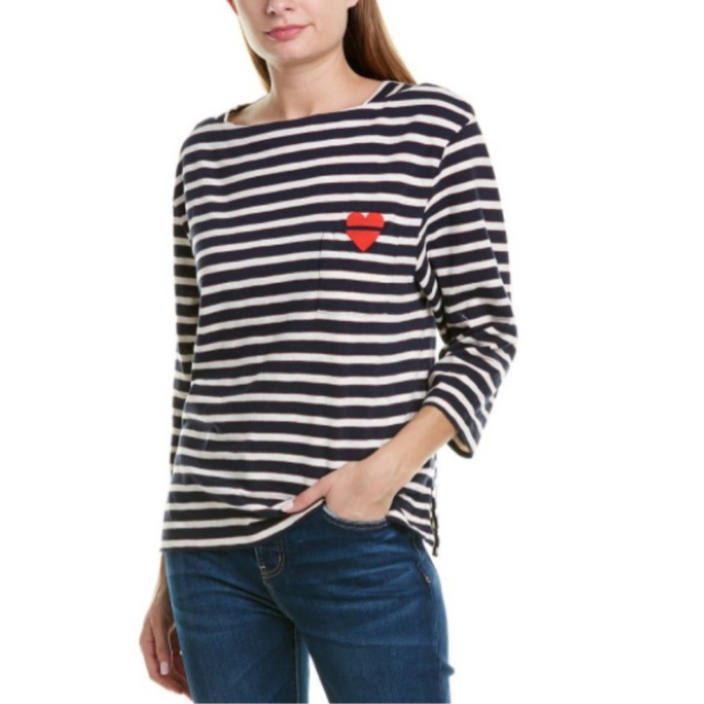 Current Elliott Navy White Striped Heart Pocket Top